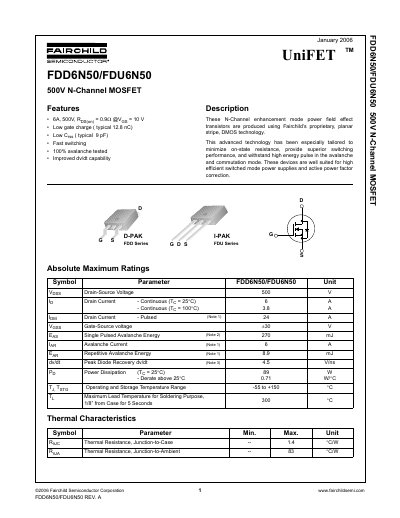 Fairchild Semiconductor FDD6N50/FDU6N50 500V N-Channel MOSFET Datasheet