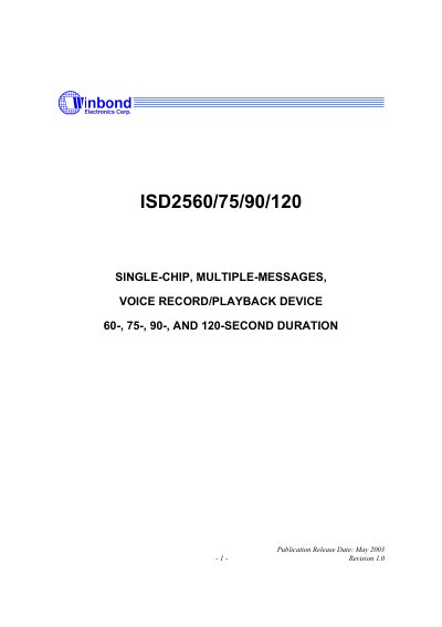 Winbond ISD2560/75/90/120 Single-Chip Voice Record Playback Device Datasheet - cover page
