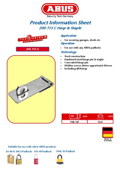 ABUS 200 115 C Hasp & Staple Product Information Sheet - cover page