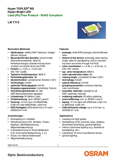 OSRAM SYLVANIA Hyper TOPLED RG Hyper-Bright LED Lead (Pb) Free Product - RoHS Compliant LW T773 handbook - cover page