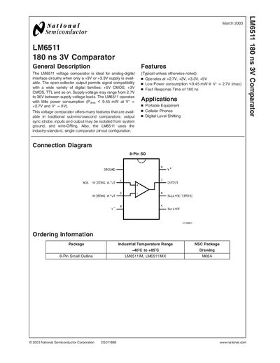National Semiconductor LM6511 180 ns 3V Comparator Datasheet - cover page