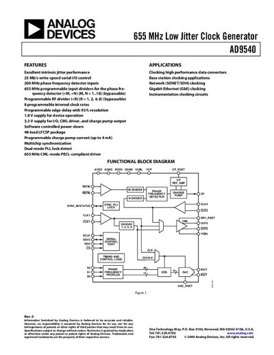 Analog Devices AD9540 655 MHz Low Jitter Clock Generator Datasheet - cover page