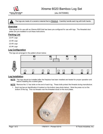 Travis Industries Xtreme 6020 Bamboo Log Set Installation Guide - cover page