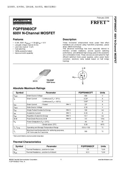 Fairchild FQPF8N60CF N-Channel MOSFET Datasheet - cover page