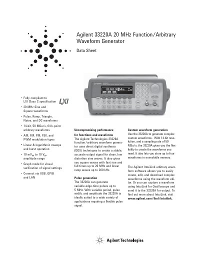 Agilent 33220A 20 MHz Function/Arbitrary Waveform Generator Data Sheet - cover page