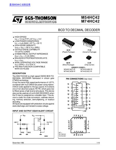 SGS-Thomson M54HC42/M74HC42 BCD‑to‑Decimal Decoder Datasheet - cover page