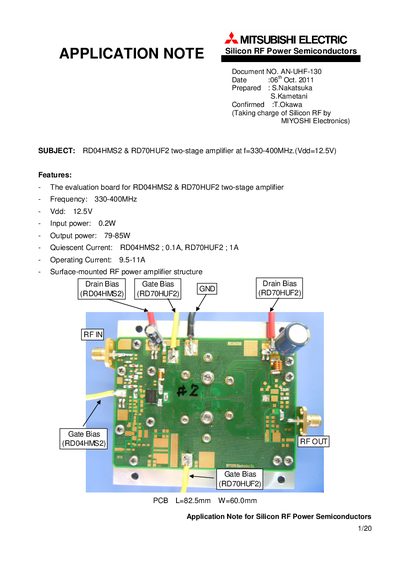 MITSUBISHI ELECTRIC RD04HMS2 RD70HUF2 two-stage amplifier at f=330-400MHz.(Vdd=12.5V) Manual