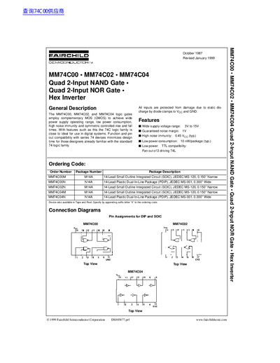 FAIRCHILD MM74C00 MM74C02 MM74C04 Quad 2-Input NAND Gate Quad 2-Input NOR Gate Hex Inverter handbook - cover page