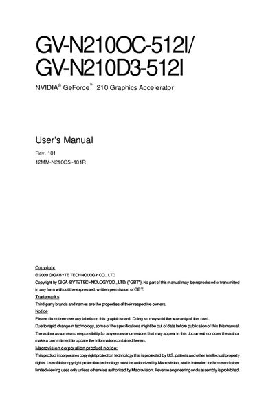 GIGABYTE GV-N210OC-512I/ GV-N210D3-512I NVIDIA GeForce 210 Graphics Accelerator User's Manual - cover page