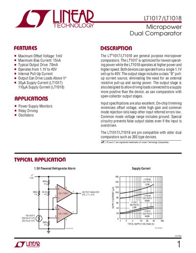 Linear Technology LT1017/LT1018 Micropower Dual Comparator Datasheet