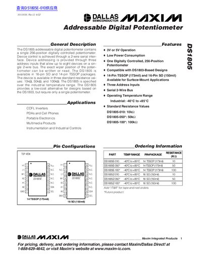 Maxim DS1805 Addressable Digital Potentiometer Datasheet - cover page