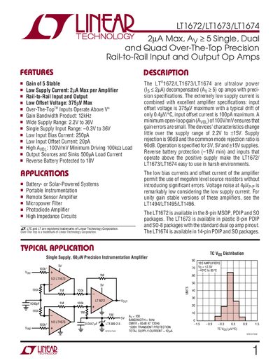 Linear Technology LT1672/LT1673/LT1674 Op Amp Datasheet - cover page