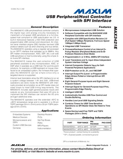 Maxim Integrated MAX3421E USB Peripheral/Host Controller Datasheet - cover page