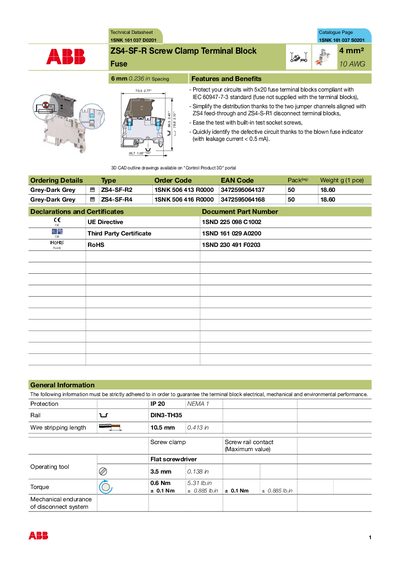 ABB ZS4-SF-R Screw Clamp Terminal Block Technical Datasheet