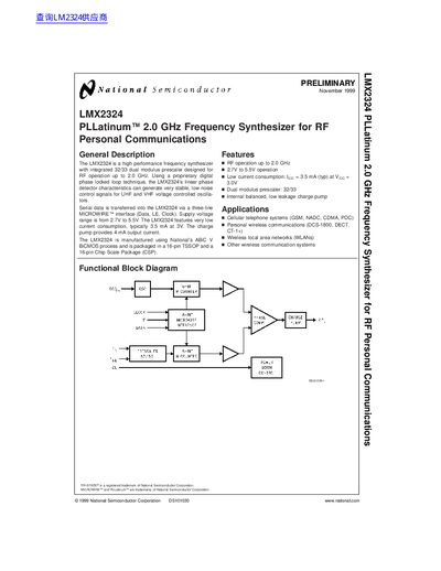 National Semiconductor LMX2324 PLLatinum 2.0 GHz Frequency Synthesizer Datasheet - cover page