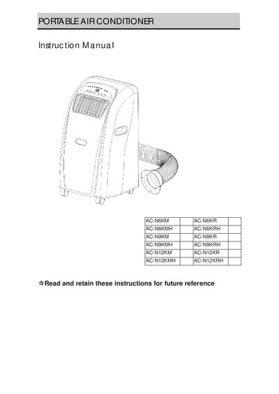 AC-N6KM/AC-N6KR/AC-N6KMH/AC-N6KRH/AC-N9KM/AC-N9KR/AC-N9KMH/AC-N9KRH/AC-N12KM/AC-N12KR/AC-N12KMH/AC-N12KRH PORTABLE AIR CONDITIONER Manual