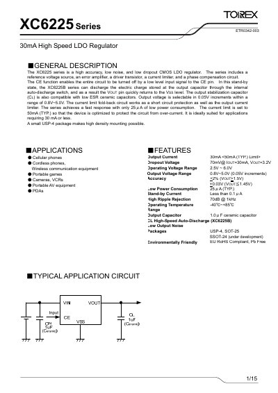 Torex XC6225 Series LDO Regulator Datasheet - cover page