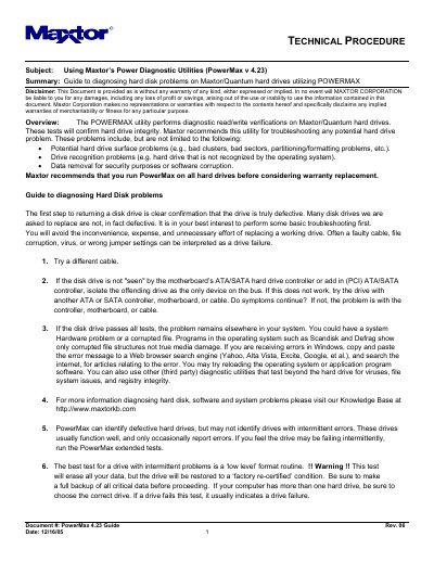 Maxtor PowerMax v 4.23 Diagnostic Utilities User Guide - cover page
