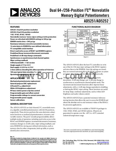 Analog Devices AD5251/AD5252 Digital Potentiometer Datasheet