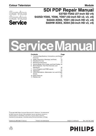 Philips S37SD-YD02, S42SD-YD05, YD06, YD07, S42AX-XD02, YD01, S50HW-XD03, XD04 SDI PDP Service Manual - cover page