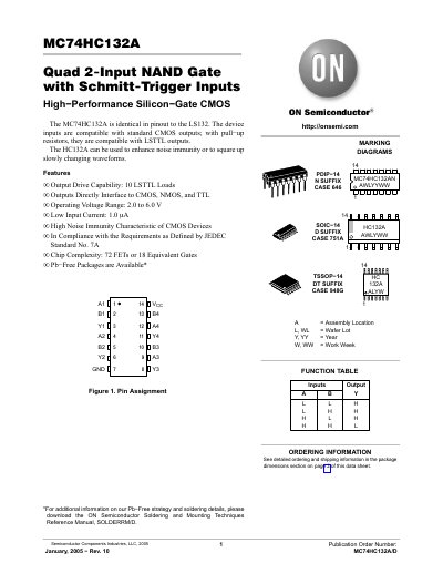 ON Semiconductor MC74HC132A Quad 2-Input NAND Gate with Schmitt-Trigger Inputs Datasheet - cover page