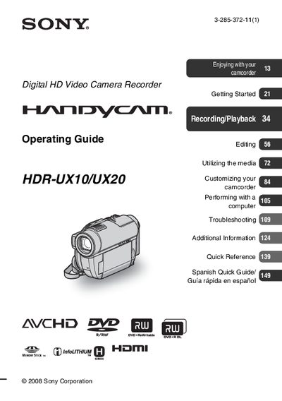 Sony HDR-UX10/UX20 Camcorder Operating Guide