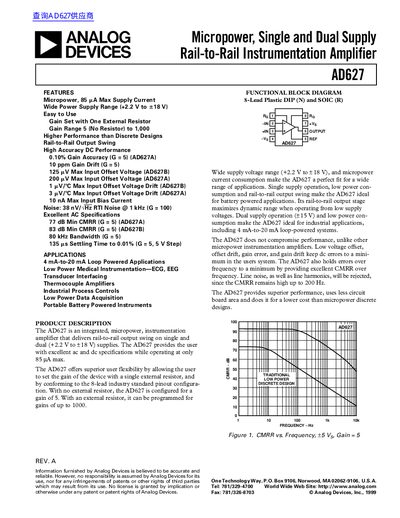 Analog Devices AD627 Instrumentation Amplifier Datasheet - cover page