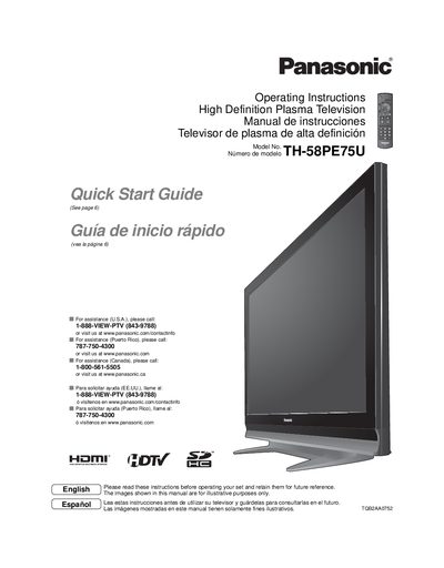 Panasonic TH-58PE75U High Definition Plasma Television Operating Instructions - cover page