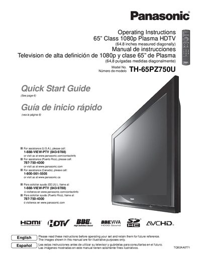 Panasonic TH-65PZ750U 65" Class Plasma HDTV Operating Instructions - cover page