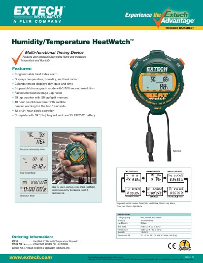 Extech HW30 HeatWatch Humidity/Temperature Stopwatch Product Datasheet - cover page