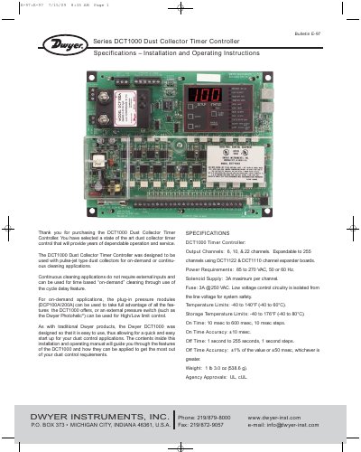 Dwyer DCT1000 Dust Collector Timer Controller Installation and Operating Instructions - cover page