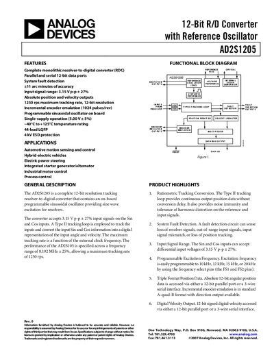 Analog Devices AD2S1205 Resolver-to-Digital Converter Datasheet - cover page