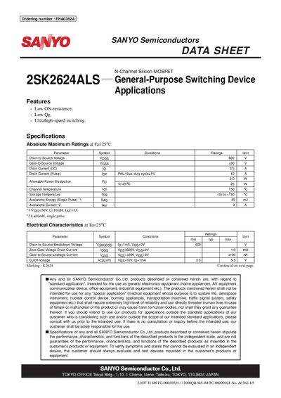 SANYO 2SK2624ALS N-Channel MOSFET Datasheet - cover page