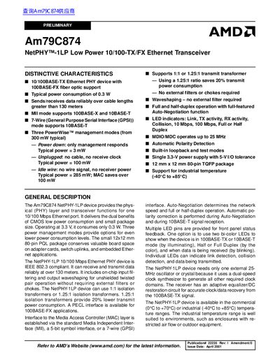AMD Am79C874 NetPHY-1LP Low Power 10/100-TX/FX Ethernet Transceiver Service Manual - cover page