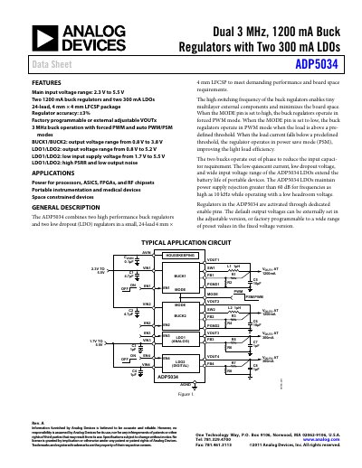 Analog Devices ADP5034 Dual Buck Regulator and LDO Datasheet - cover page