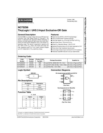 Fairchild NC7SZ86 TinyLogic UHS 2-Input Exclusive-OR Gate Datasheet - cover page