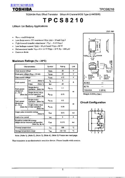 Toshiba TPCS8210 MOSFET Datasheet - cover page