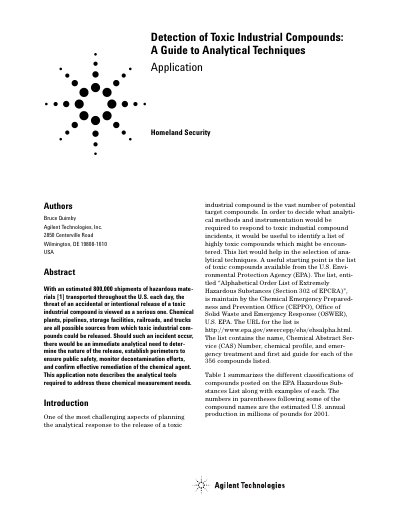 Agilent Detection of Toxic Industrial Compounds Application Note - cover page