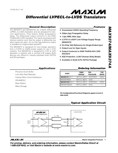 Maxim MAX9374/MAX9374A Differential LVPECL-to-LVDS Translator Datasheet - cover page