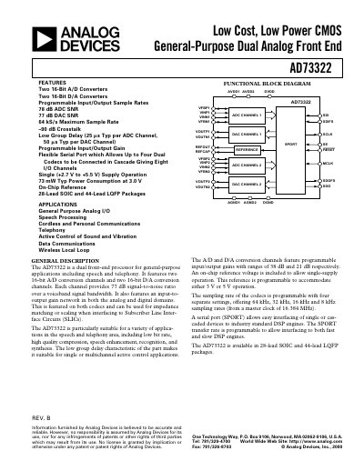 Analog Devices AD73322 Dual Analog Front End Datasheet - cover page