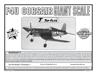 Top Flite CRSGP05 V1.1 Giant F4U Corsair Assembly and Operation Manual - cover page