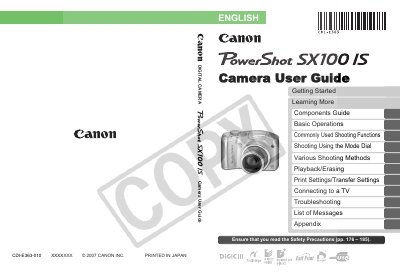 Canon PowerShot SX100 IS Digital Camera User Manual - cover page