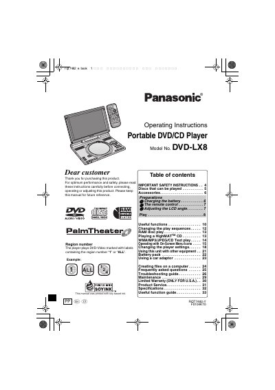 Panasonic DVD-LX8 Portable DVD/CD Player Operating Instructions
