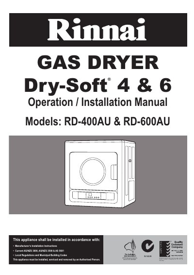 Rinnai Dry-Soft RD-400/600AU Gas Dryer Operation Manual - cover page