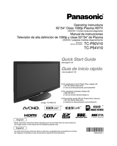 Panasonic TC-P50V10/TC-P54V10 Plasma HDTV Operating Instructions - cover page