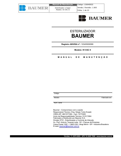 Baumer HI VAC II Steam Sterilizer Maintenance Manual