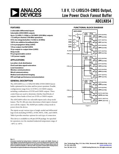 Analog Devices ADCLK854 1.8V 12-LVDS/24-CMOS Output Low Power Clock Fanout Buffer - cover page