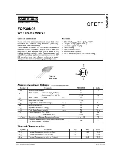 Fairchild FQP30N06 60V N-Channel MOSFET Datasheet - cover page