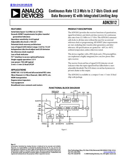 Analog Devices ADN2812 Clock and Data Recovery IC Datasheet - cover page