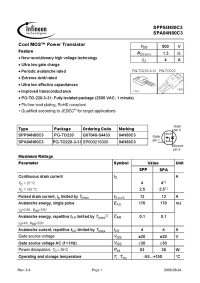 Infineon SPP04N80C3/SPA04N80C3 Datasheet